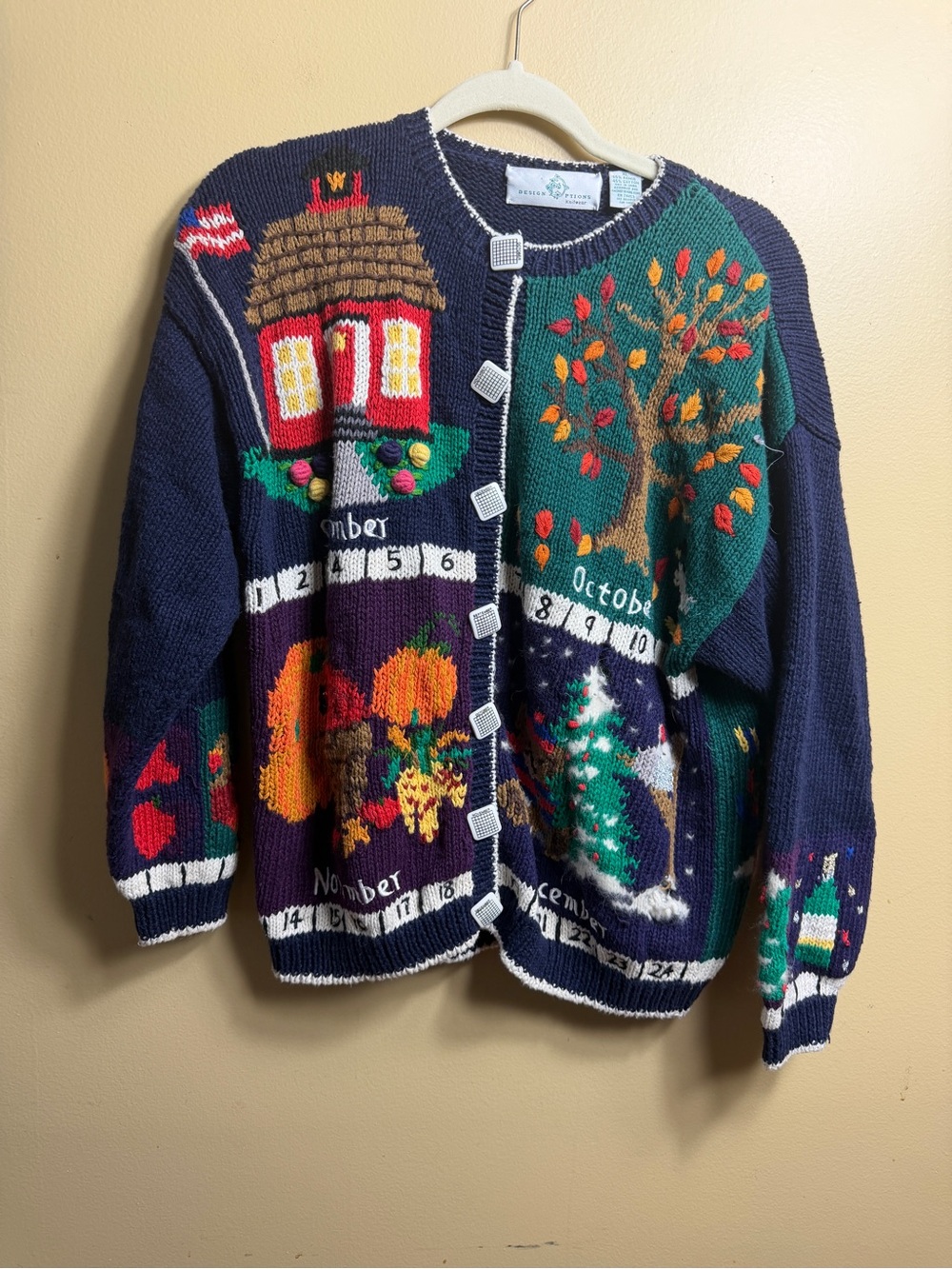 Vintage Design Options Calendar Months Knit Cardigan Sweater XL blue